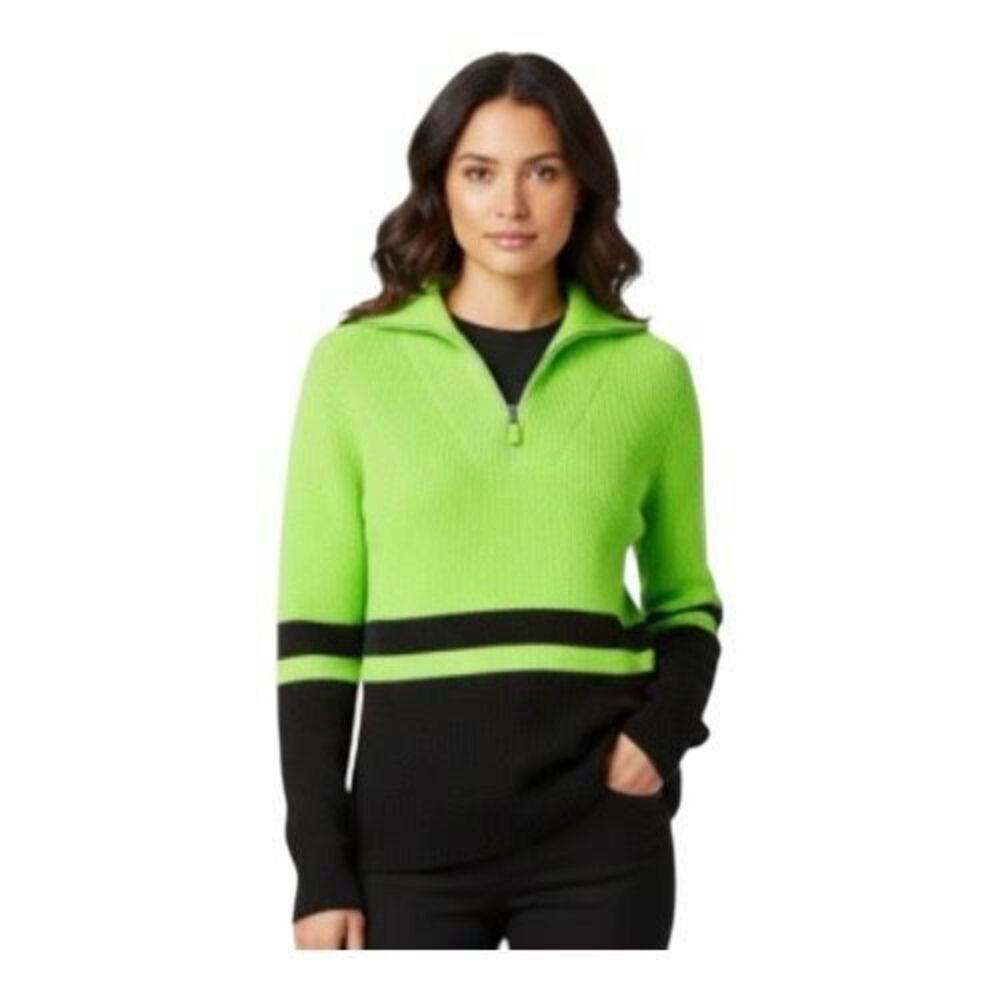 Lauren‎ Ralph Lauren Active Neon Green Black Striped Quarter Zip Sweater Small